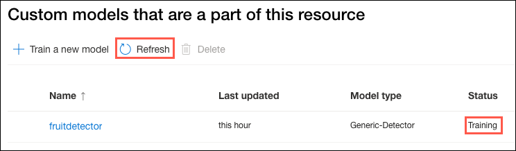 The fruitdetector custom model training status is highlighted.