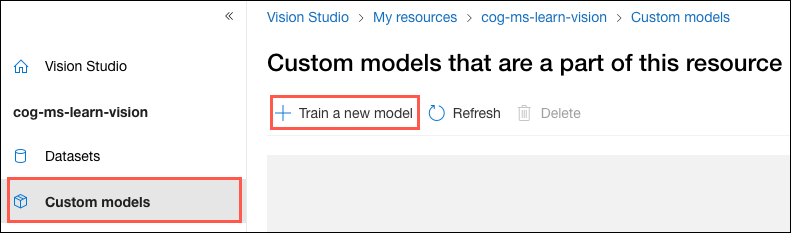 The Custom models menu item is selected and highlighted and the Train a new model button is highlighted on the toolbar.