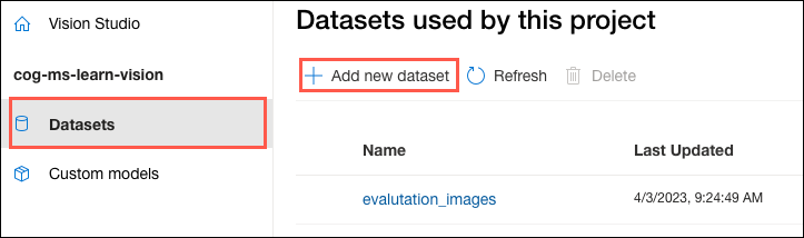 The Datasets menu item is highlighted and selected and the add new dataset button is highlighted on the Datasets toolbar.