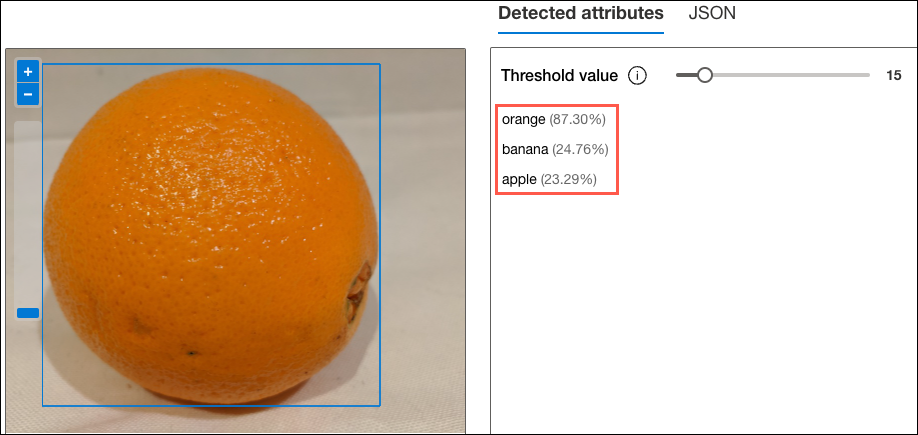 An image of an orange is displayed, with a bounding box around the orange. The results of predictions from the custom fruitdetector model are highlighted.