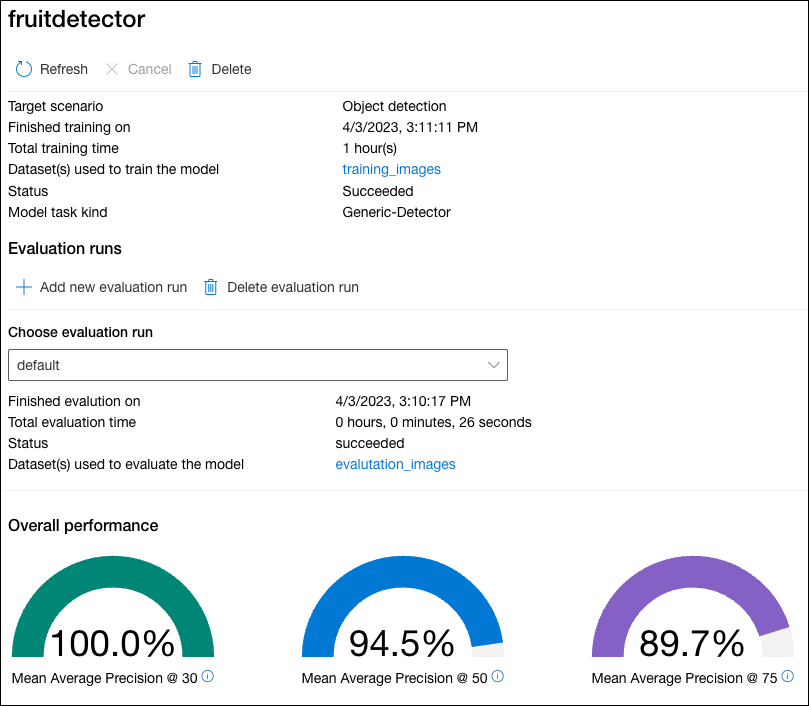 The evaluation results page for the fruitdetector model is displayed.