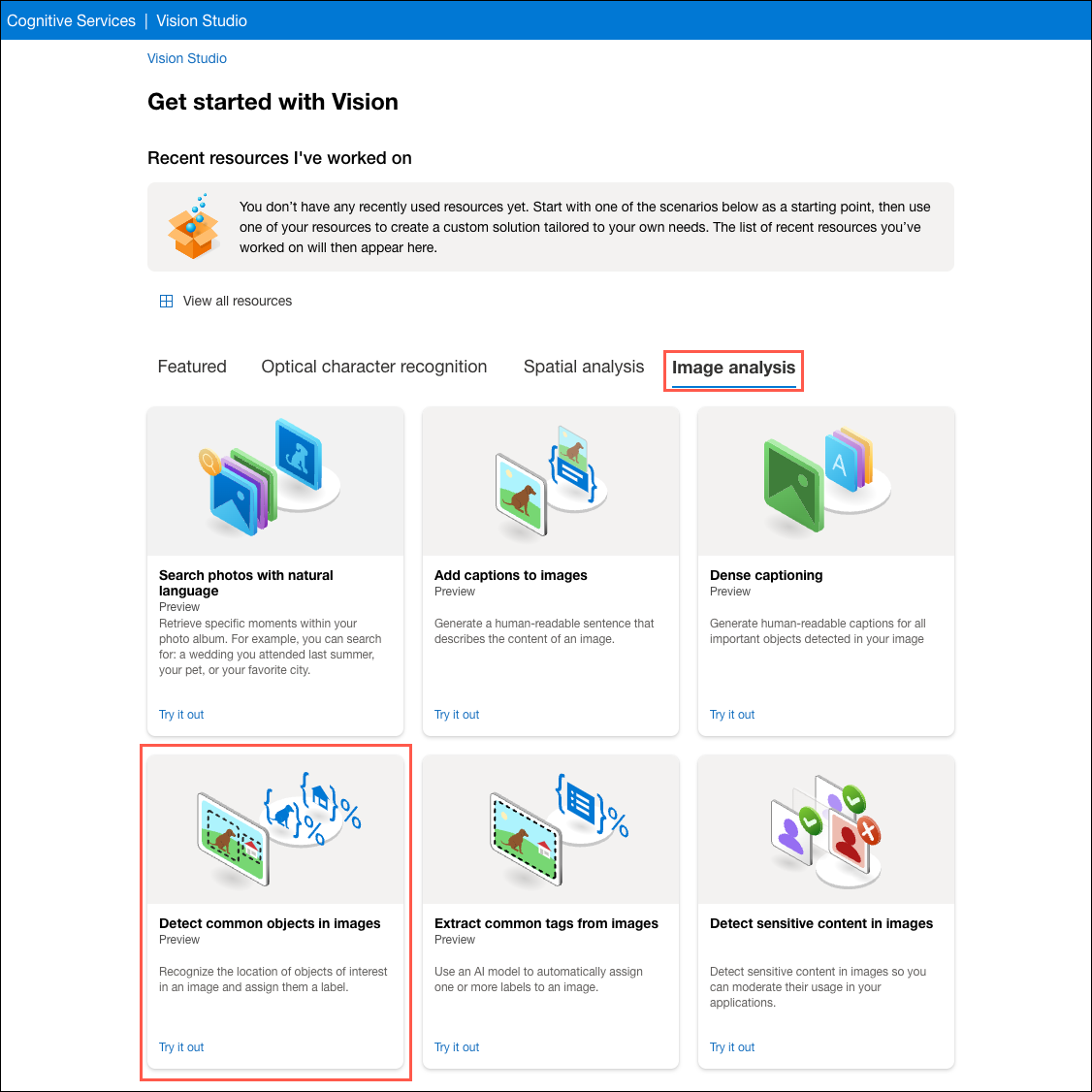 On the Vision Studio home page, the Image analysis tab is selected and highlighted. The Add captions to images tile is highlighted.