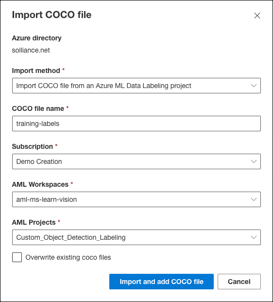 The Import COCO file dialog is displayed with the values specified above added to the form.