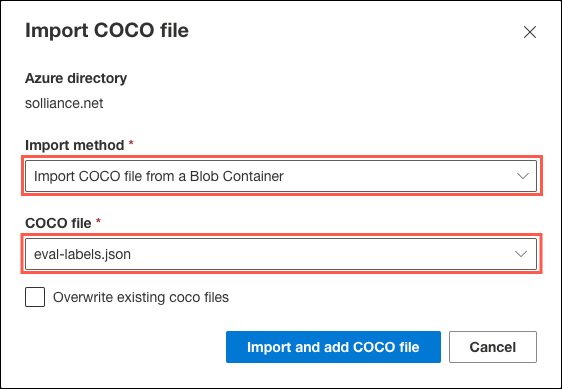 The Import COCO file dialog is displayed. Import COCO file from a Blob Container is highlighted as the import method, and eval-labels.json is highlighted as the selected COCO file.