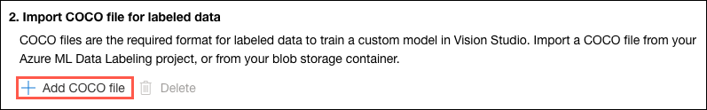 The Add COCO file button is highlighted under the Import COCO file for labeled data header.