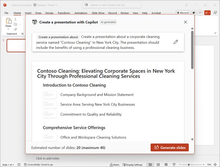 Screenshot of PowerPoint presentation created by Copilot from a Word document.