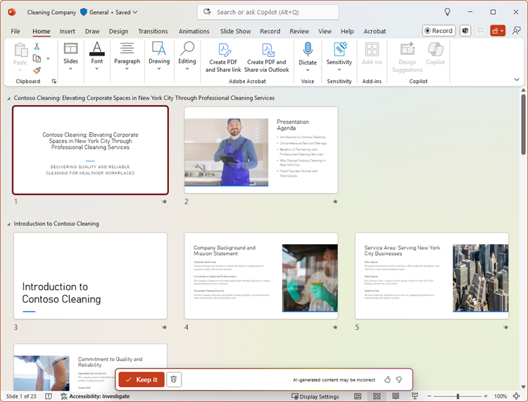 Screenshot of PowerPoint presentation created by Copilot from a Word document.