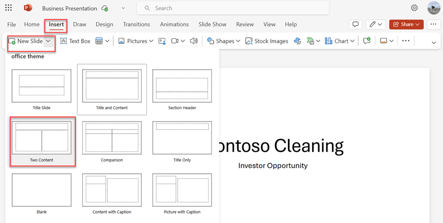 Screenshot of a new two content slide.