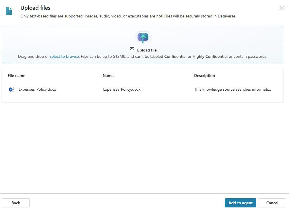 Screenshot of adding the Expenses policy document as knowledge to your agent in Copilot Studio.