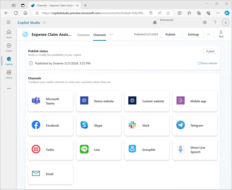 Screenshot of the Channels page in Copilot Studio.