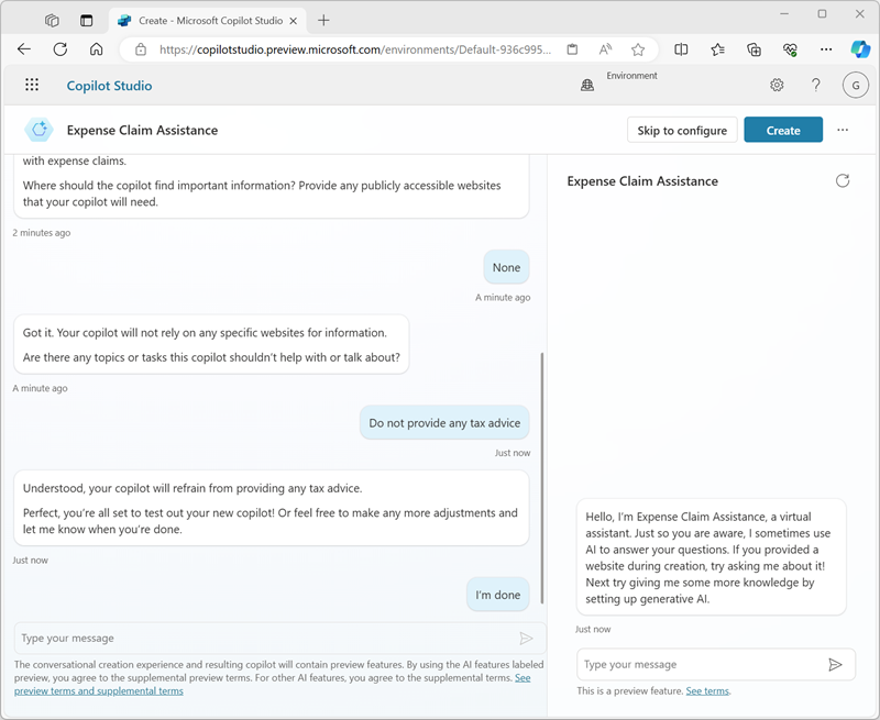 Screenshot of a new copilot prebiew in Copilot Studio.