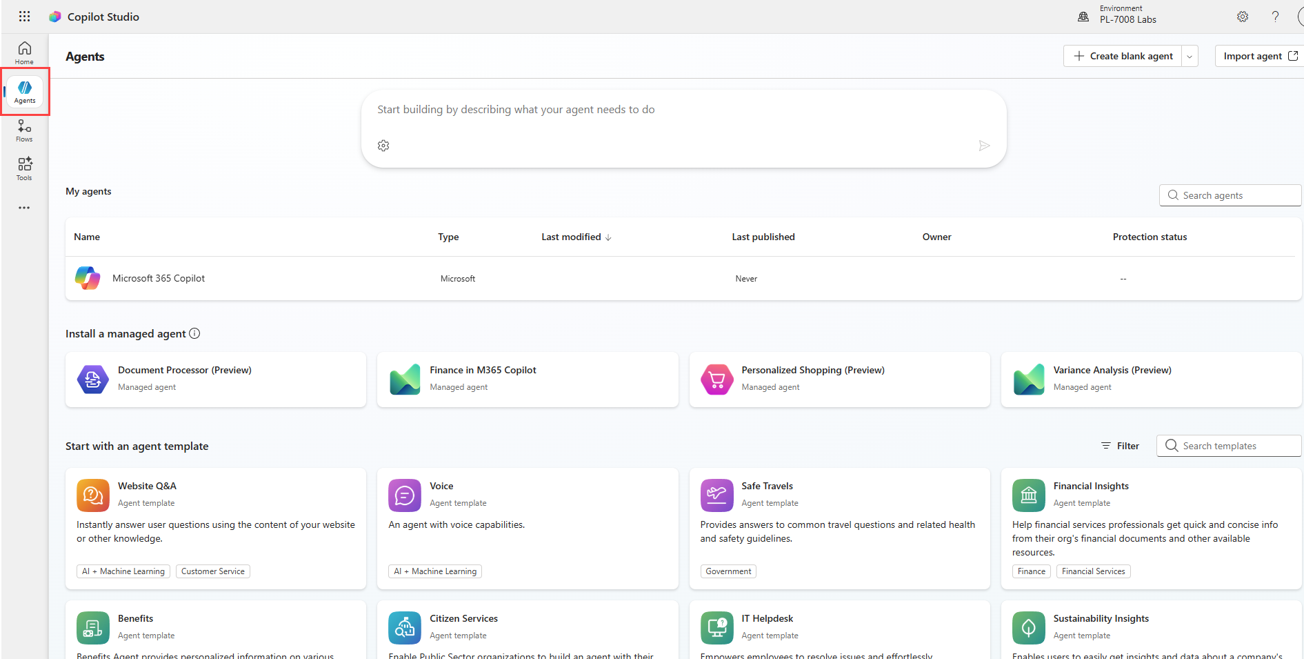 Screenshot of the Copilot Studio agents page.