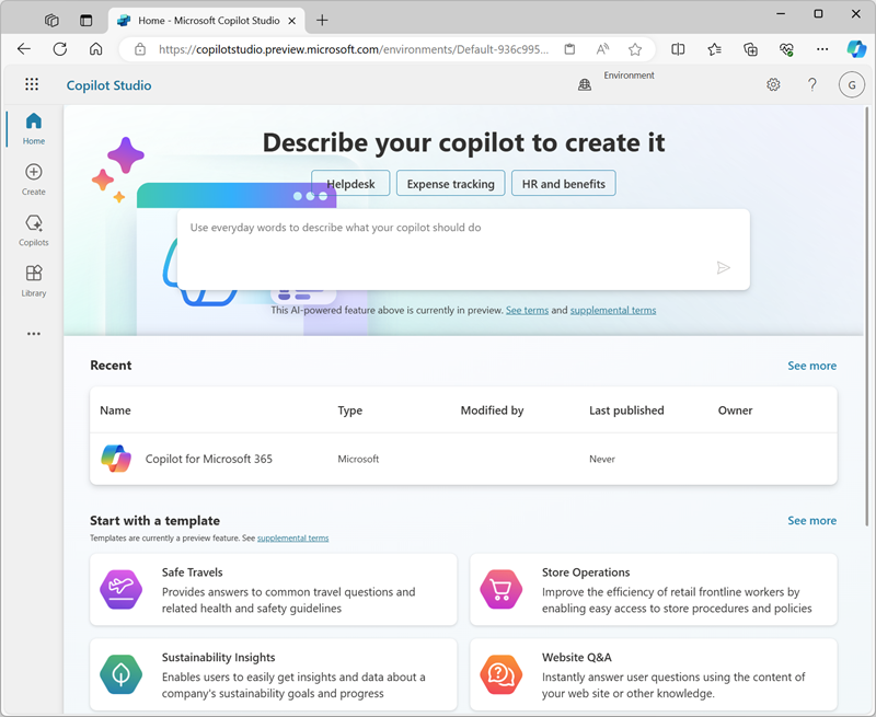 Screenshot of the Copilot Studio home page.