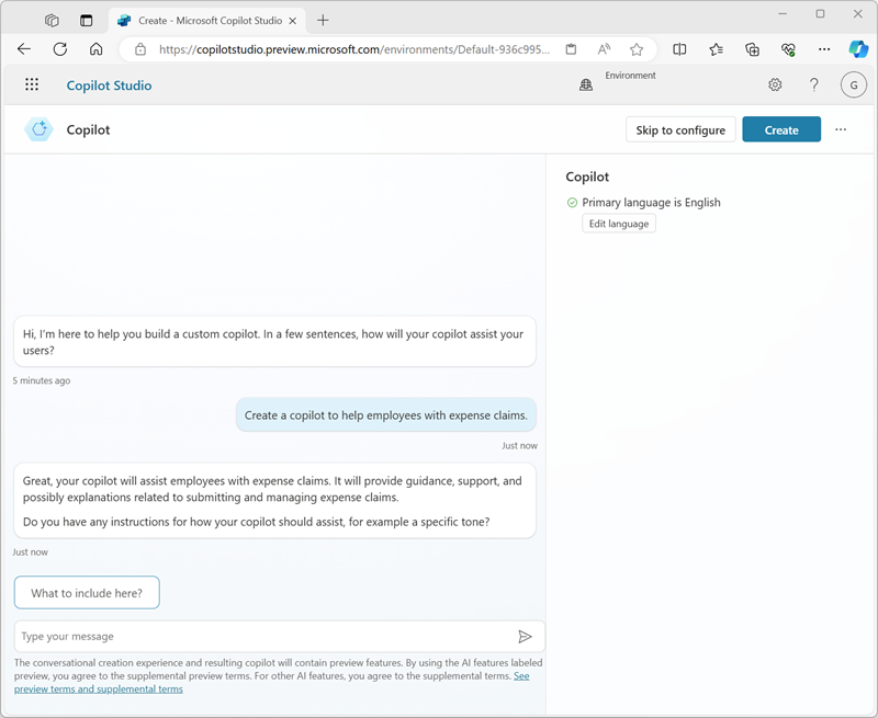 Screenshot of the chat conversation to create a new copilot.