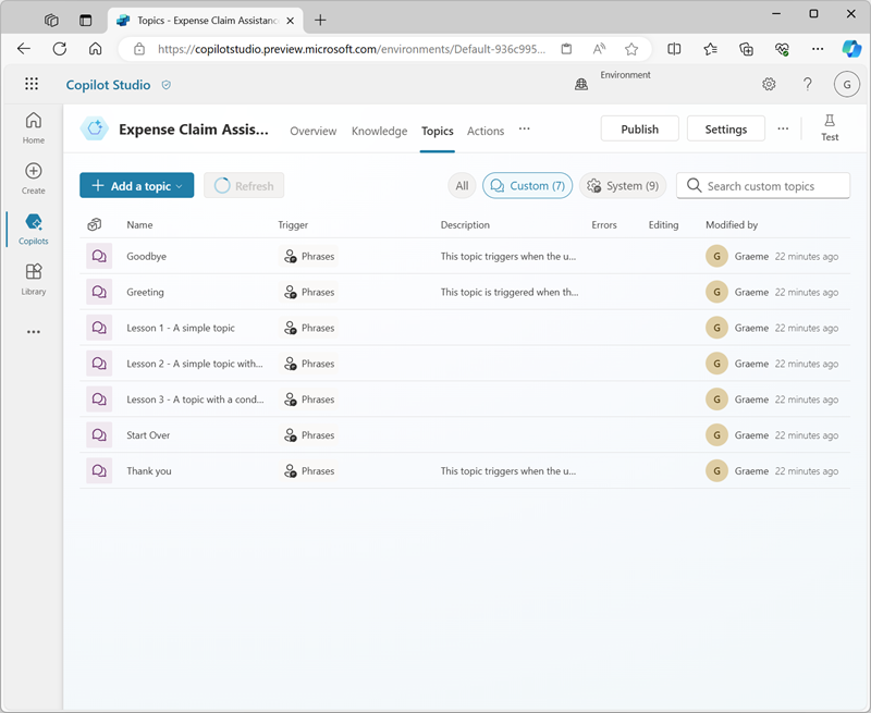 Screenshot of the Topics page in Copilot Studio.
