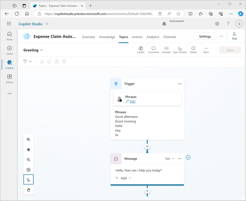 Screenshot of the authoring canvas for the Greeting topic in Copilot Studio