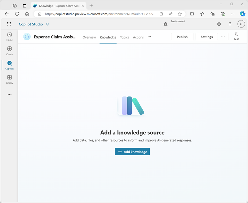 Screenshot of the Knowledge page in Copilot Studio.