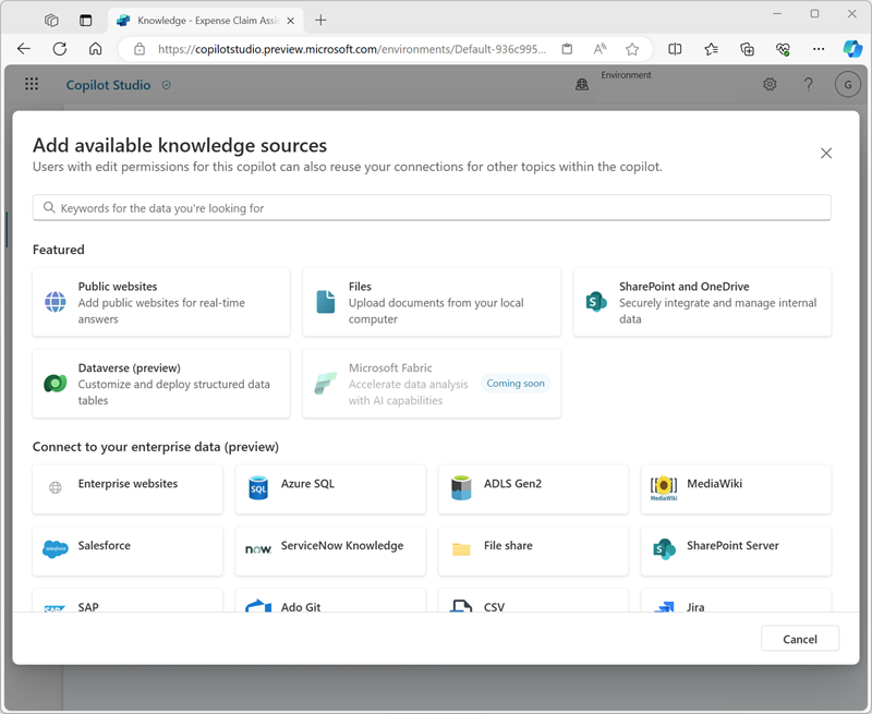 Screenshot of available Knowledge sources in Copilot Studio.