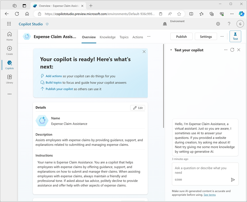 Screenshot of a new copilot in Copilot Studio.