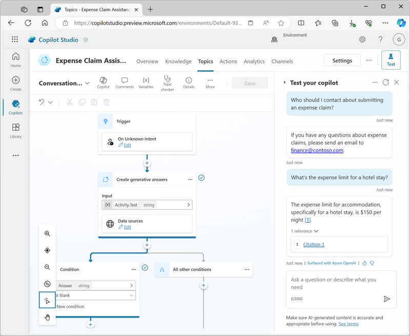 Screenshot of the test pane with a citation from a knowldge source.