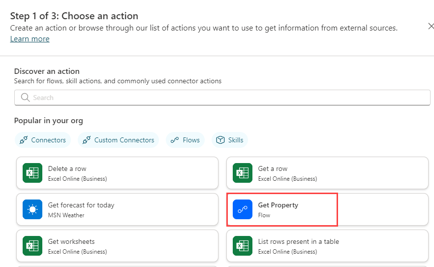 Screenshot of step 1 of add a flow action.