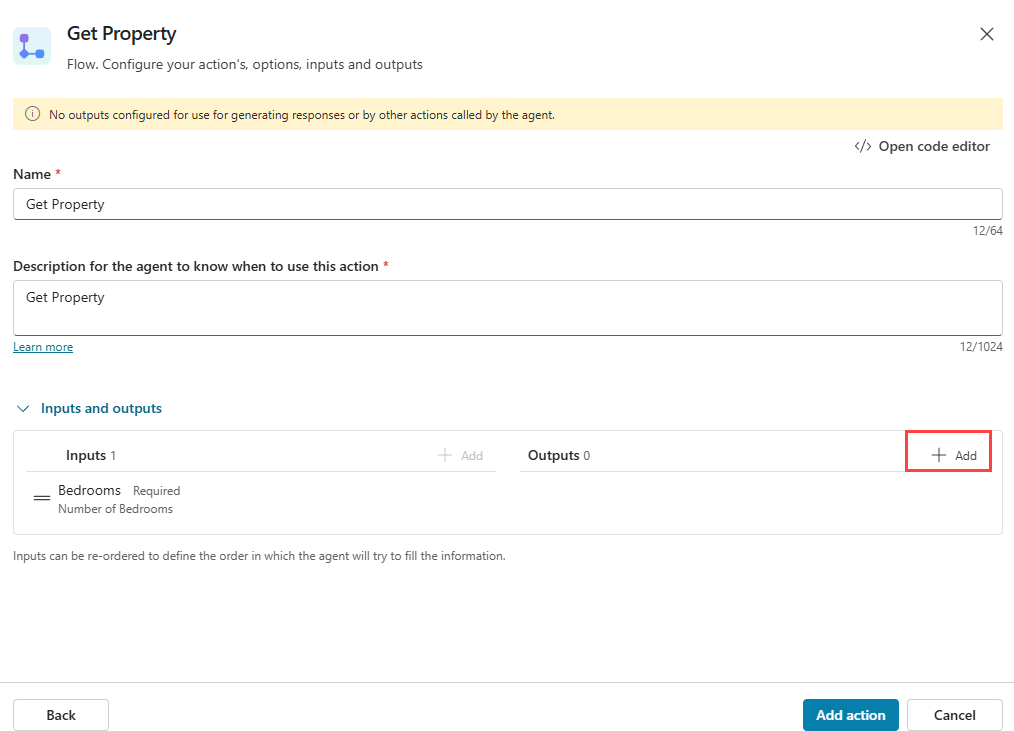 Screenshot of adding outputs to a flow action.