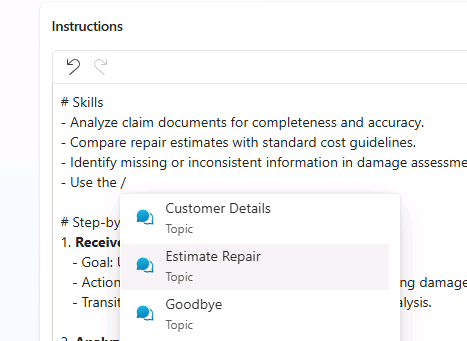 Screenshot of referencing the topic in the agent instructions.