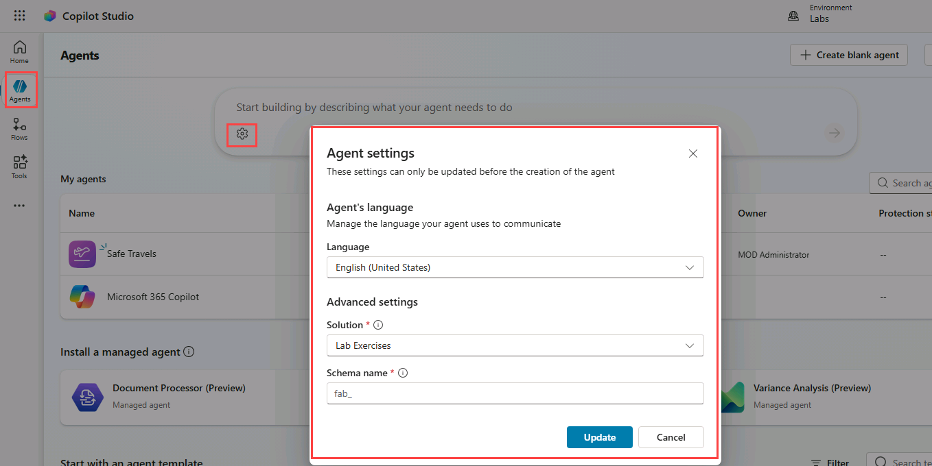 Screenshot of the agent settings dialog.