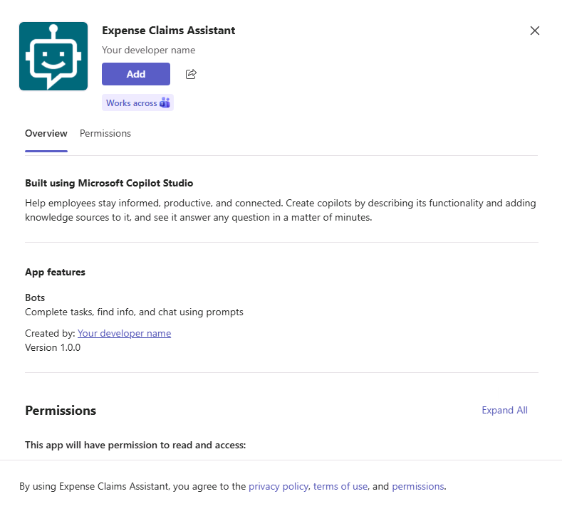 Screenshot of dialog to add the app to Teams.