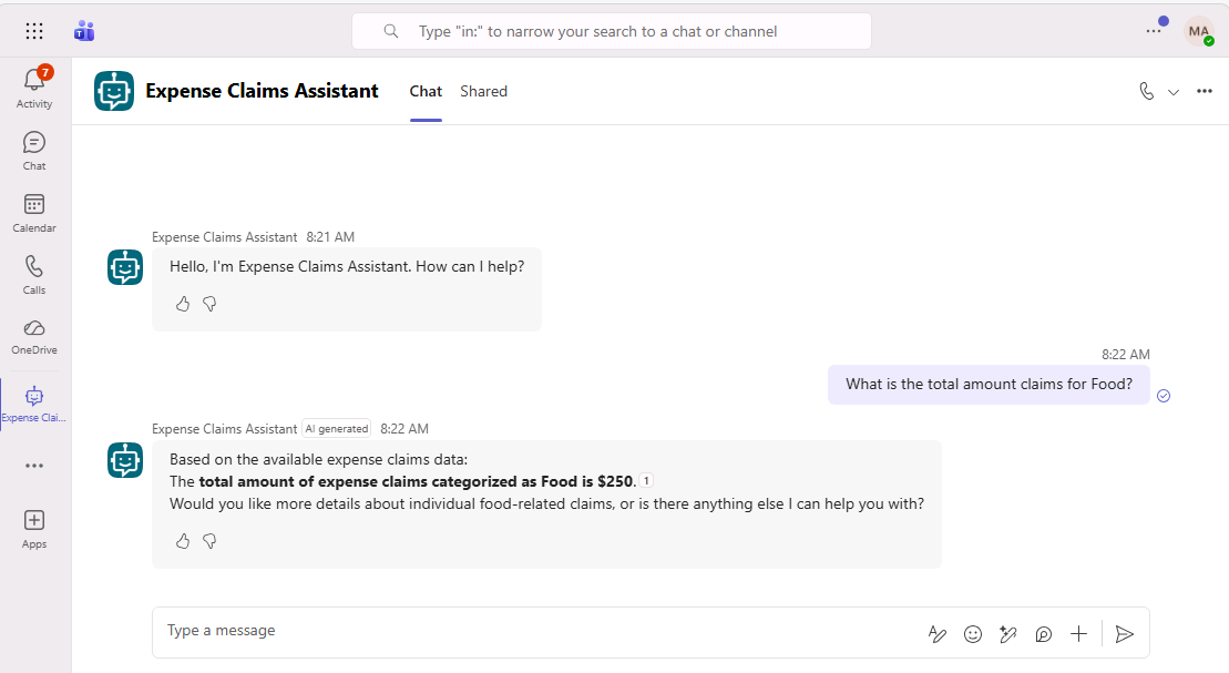 Screenshot of the agent in Teams.