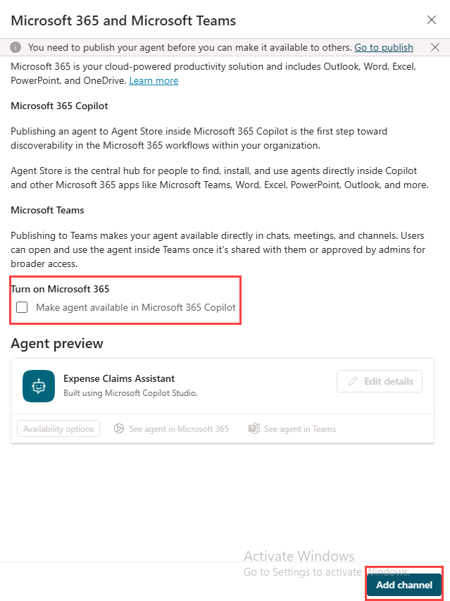 Screenshot Teams channel Copilot Studio.