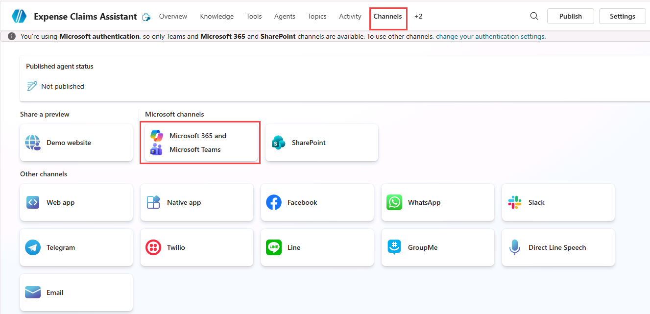 Screenshot of Channels tab in Copilot Studio.
