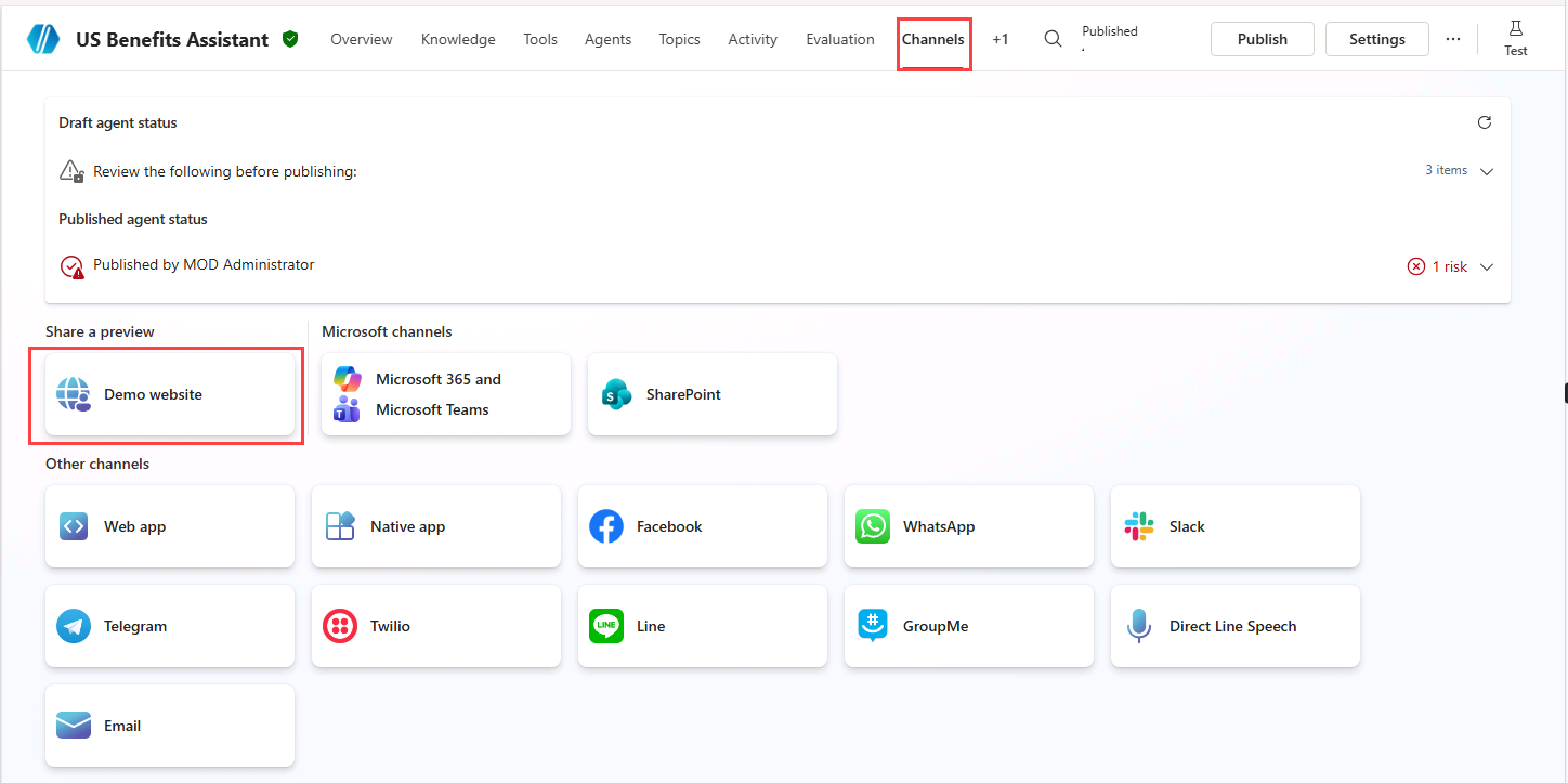 Screenshot of Channels in Copilot Studio.
