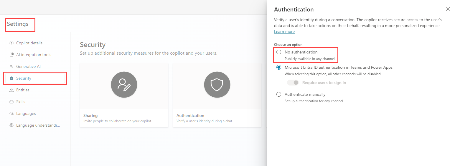 Screenshot of the authentication settings.