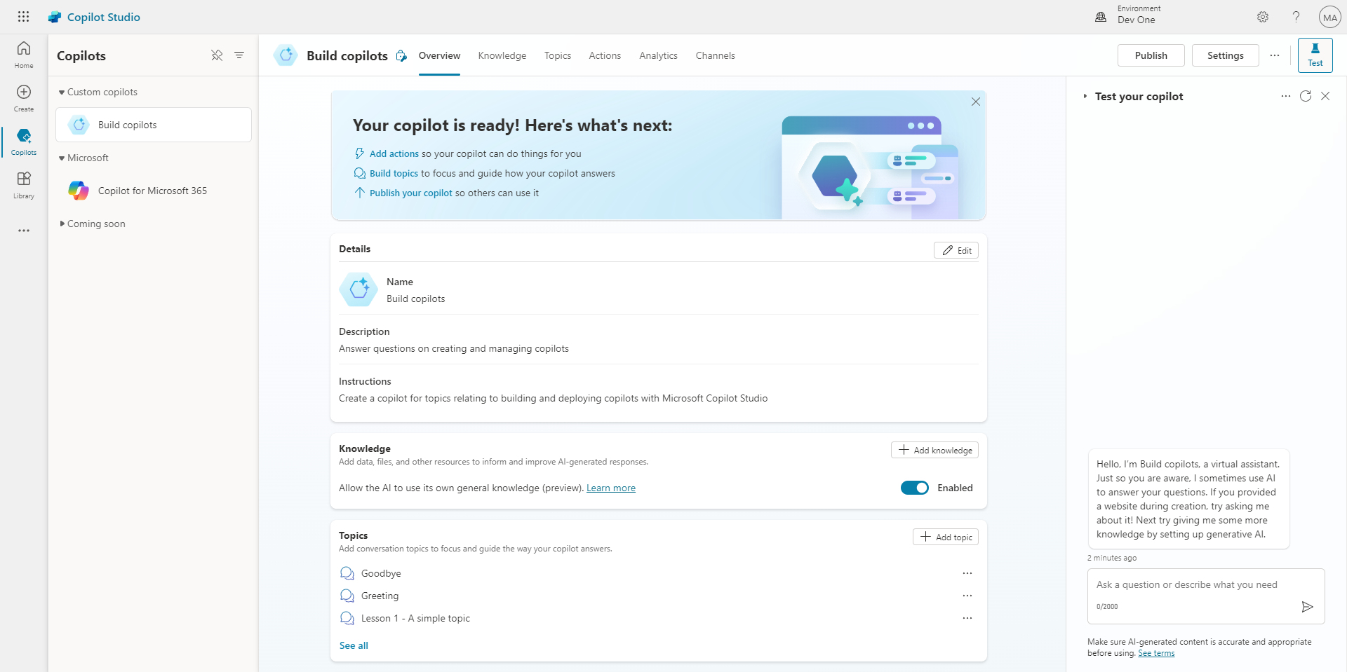Custom copilot in CoPilot Studio portal.