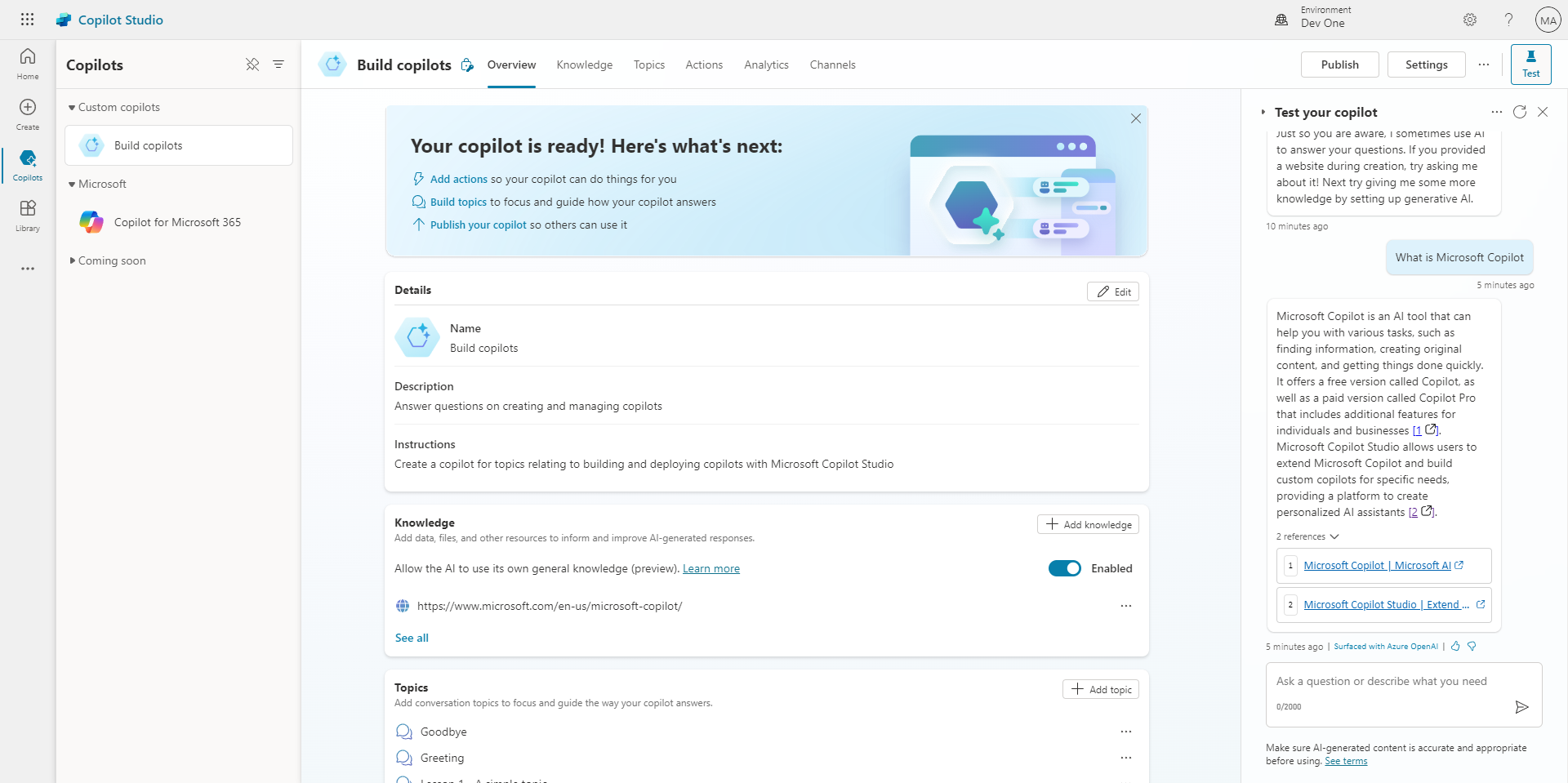Custom copilot in CoPilot Studio portal.