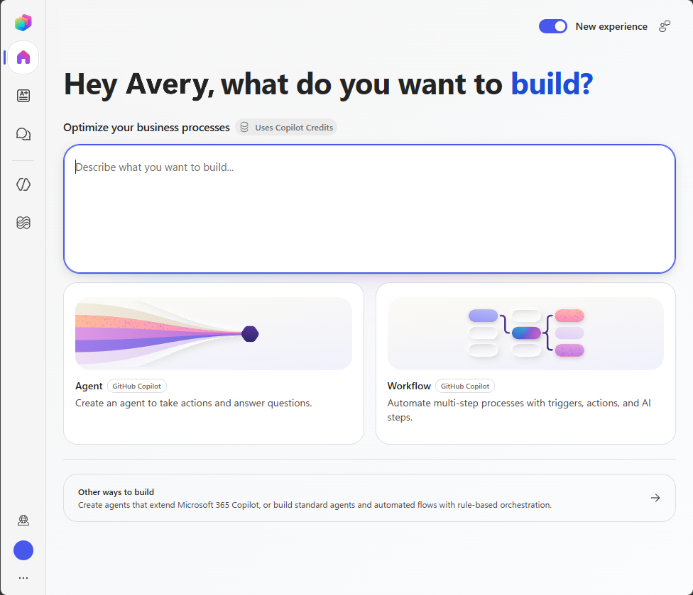 Copilot Studio home page showing the Agent and Workflow options.