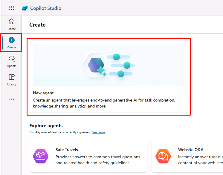 Create in CoPilot Studio portal.