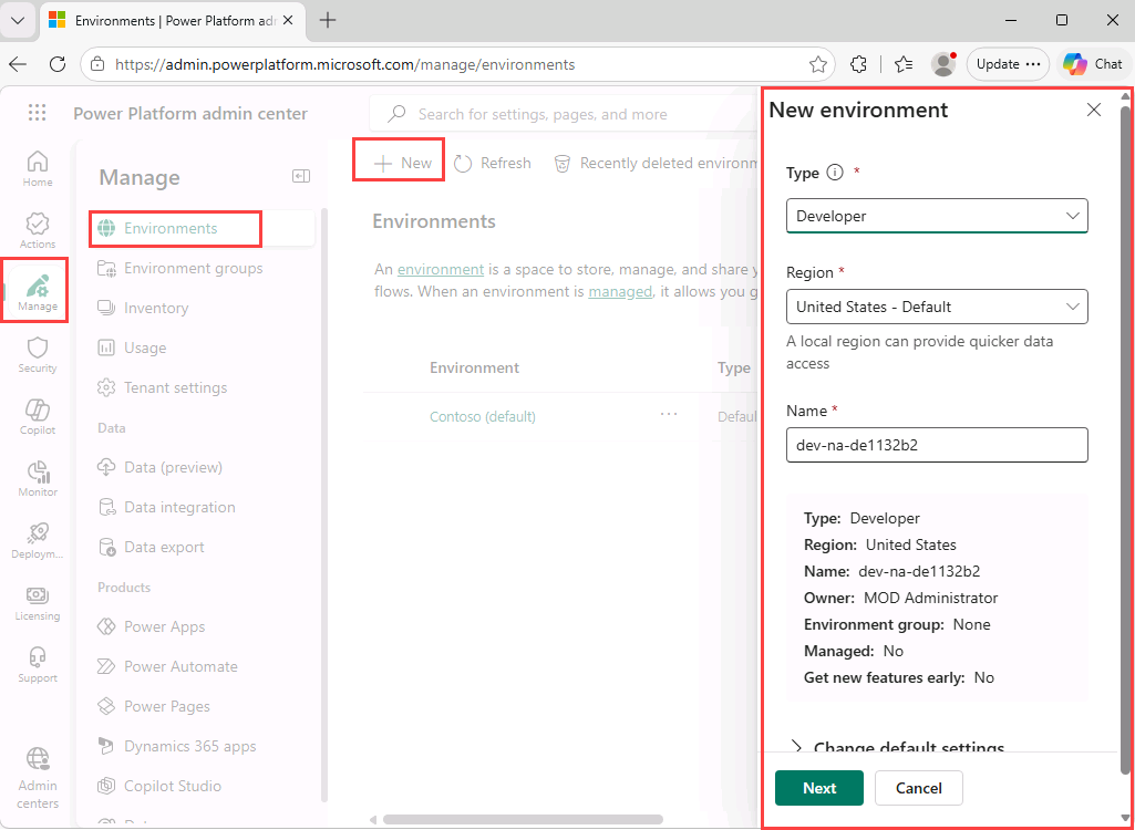Create an environment in the Power Platform Admin center.