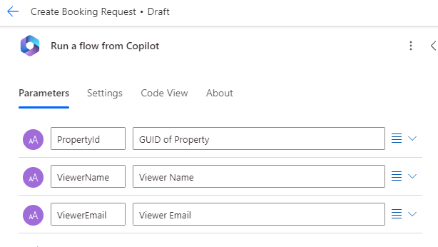 Screenshot of configuring flow parameters action.