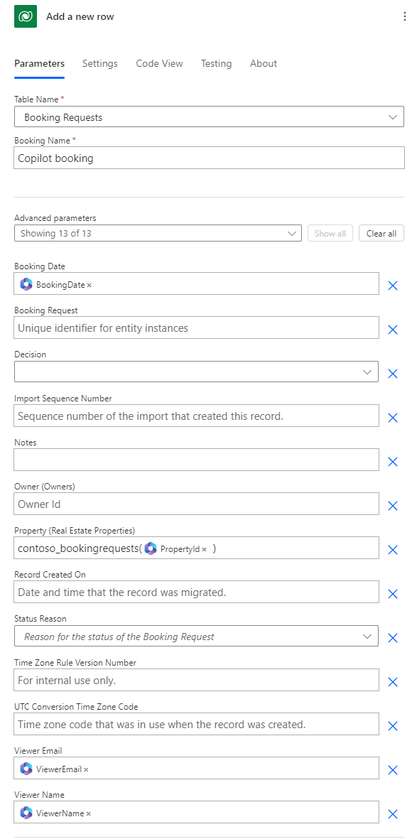 Screenshot of configuring flow add row action.