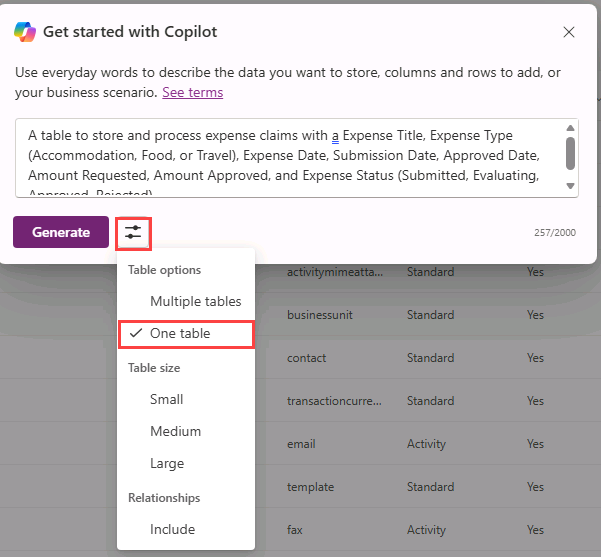 Table options in the Maker portal.