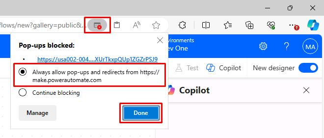 Screenshot of allowing popups in Edge.