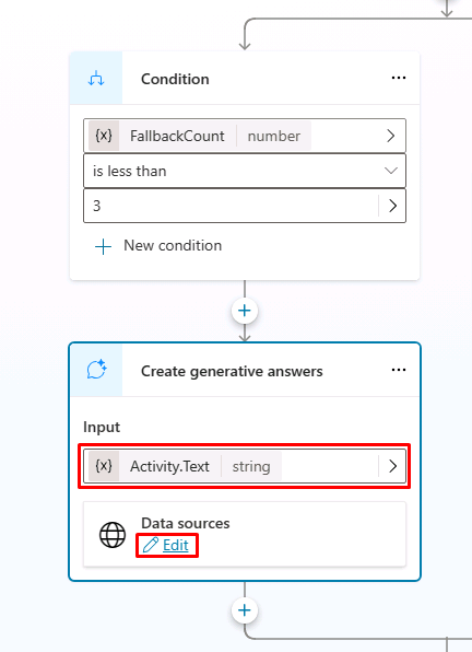 Screenshot of the create generative answers node.