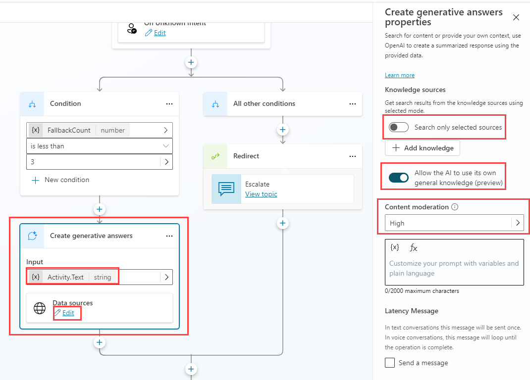 Screenshot of the create generative answers node.