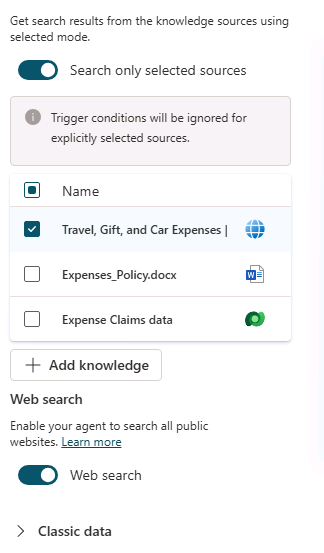 Screenshot of generative answers properties.