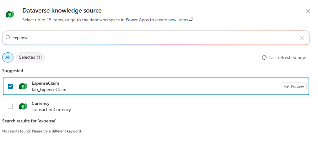 Screenshot of adding the Expenses table in Dataverse as knowledge to your agent in Copilot Studio.