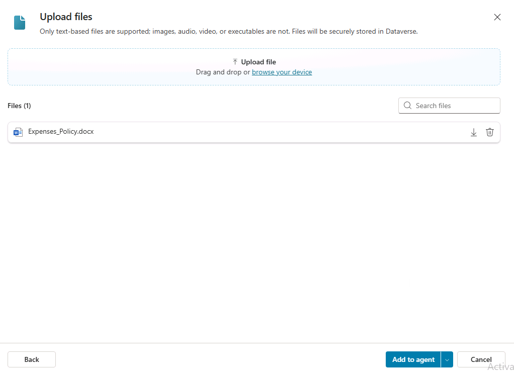 Screenshot of adding the Expenses policy document as knowledge to your agent in Copilot Studio.