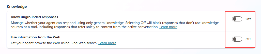 Screenshot of knowledge settings for agent.