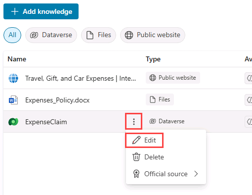 Screenshot of editing a knowledge source for an agent in Copilot Studio.